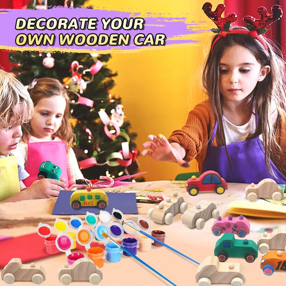 WOWOSS 14 Pcs Wooden Cars to Paint, Unfinished Craft Toys for Students, Race Car Party Favors, With 3 Sets of Paint & 5 Car Sticker Sheets WOWOSS