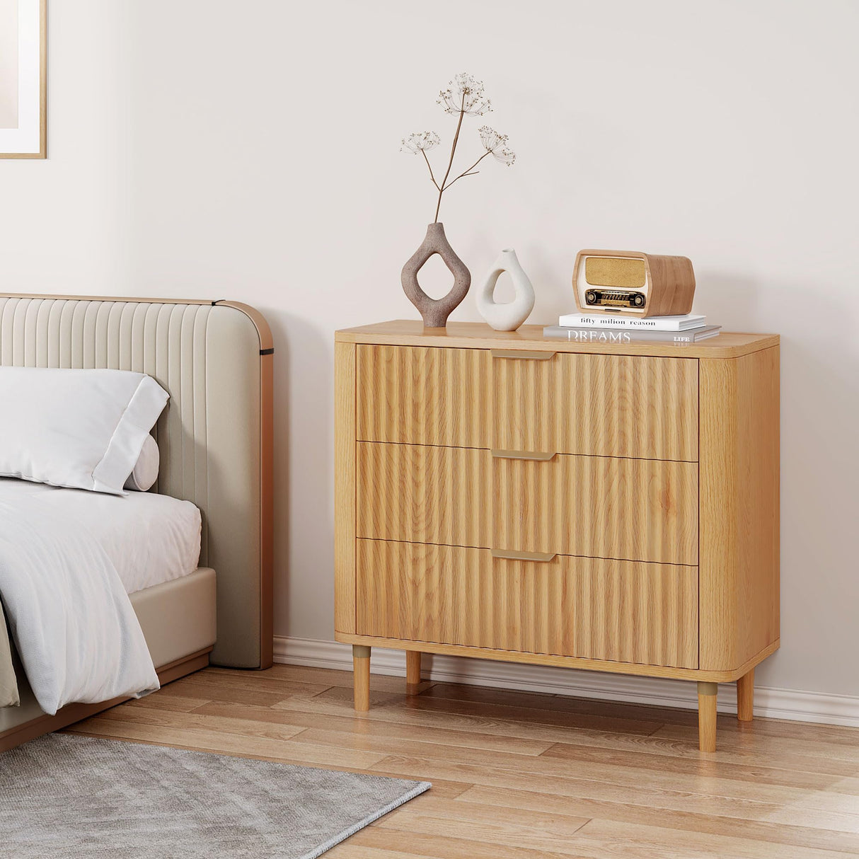 DWVO Fluted 3 Drawer Dresser, 32.5 Wider Modern Dressers Chest of Drawers with Solid Wood Legs, Wood Storage Dresser Organizer for Dorms, Flats, Living Rooms, Hallways,Natural Oak DWVO