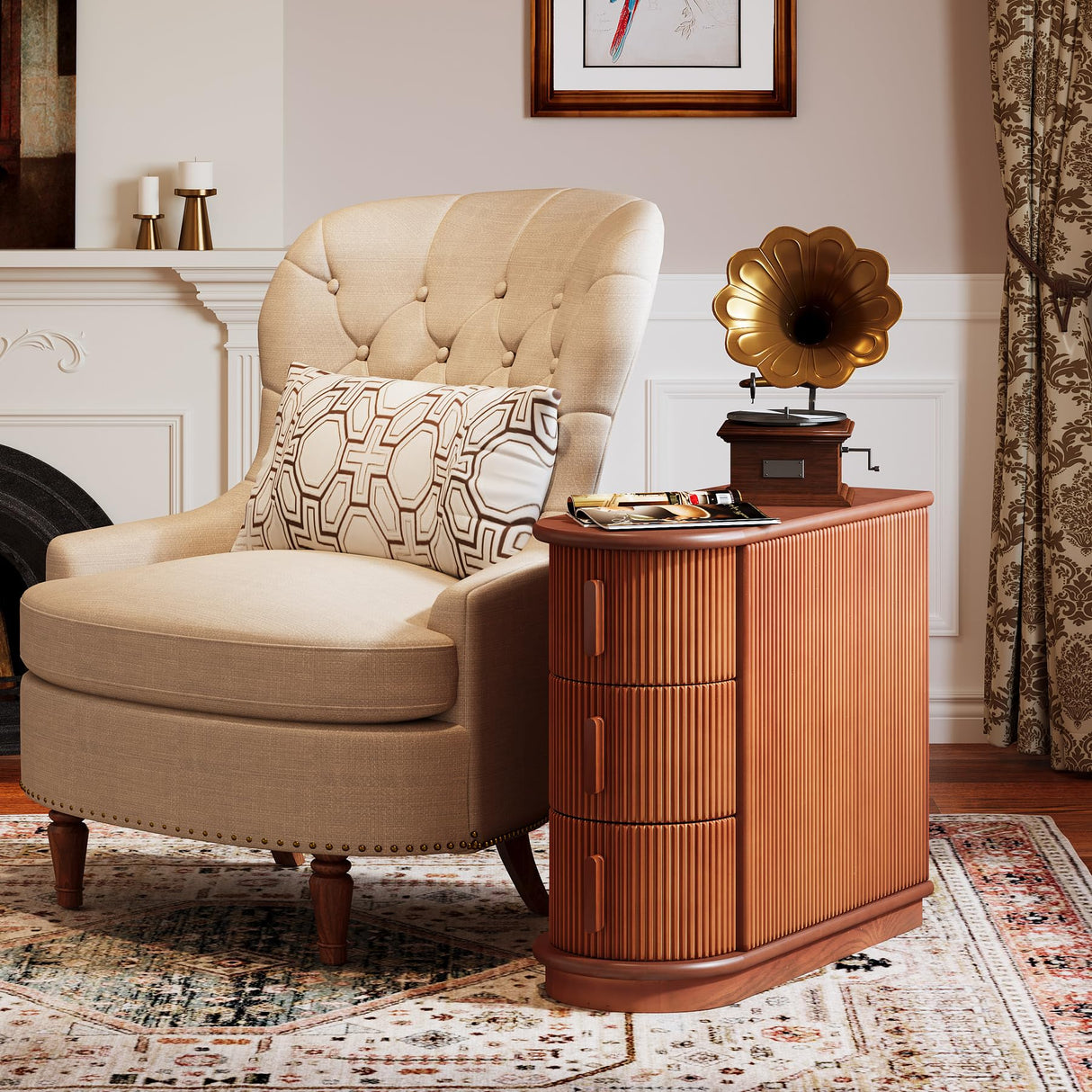 Tribesigns Solid Wood End Table, 3-Drawer Modern Sofa Side Table, Narrow Chair Side Table Slim Nightstand for Living Room, Bedroom, Finished Back, No Assembly Required, Walnut Tribesigns