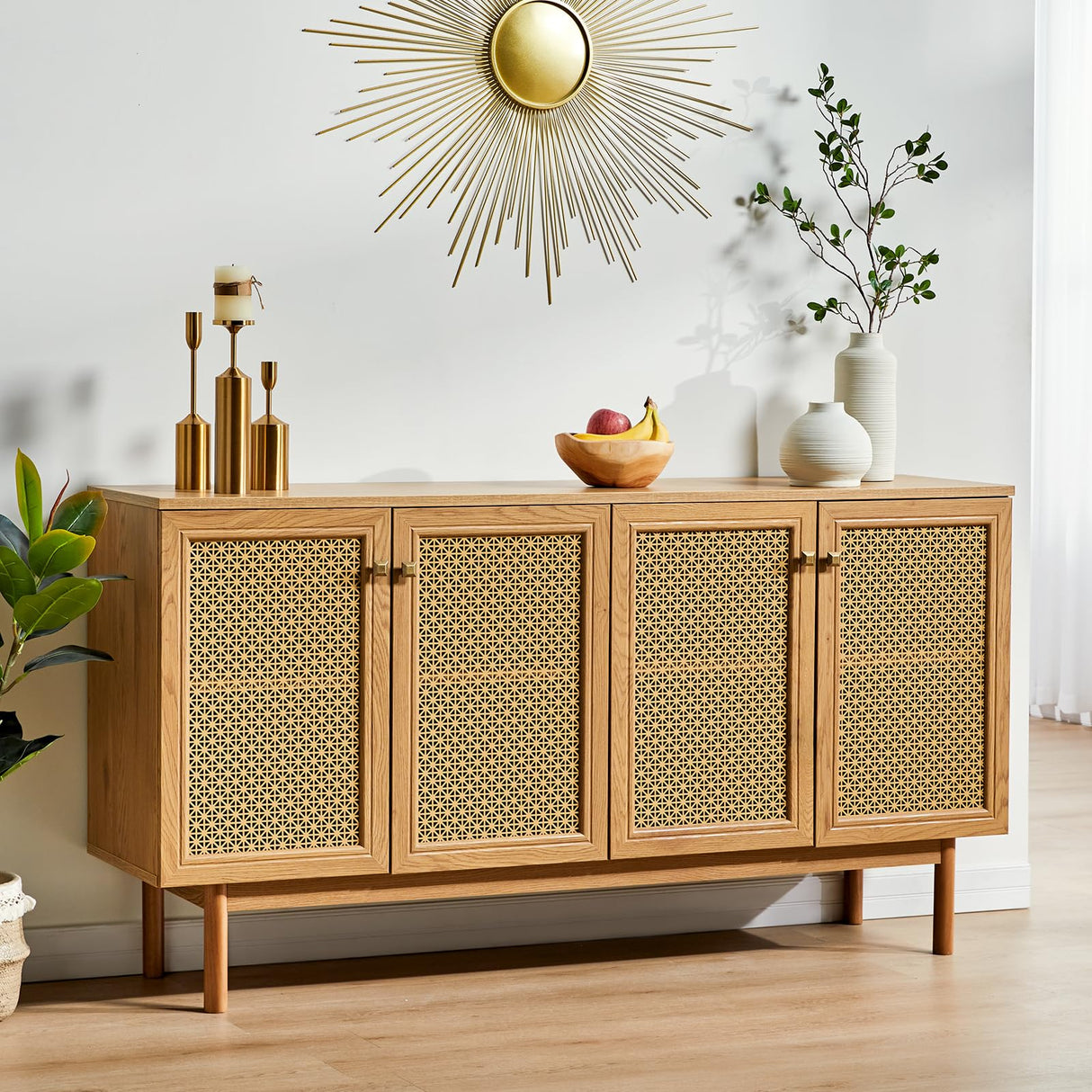 AMERLIFE 63" Sideboard Buffets Cabinet, 2-Adjustable Shelves Sideboard with 4 Doors, Large Accent Storage Credenzas for Living Room, Dining Room, Bedroom, Natural AMERLIFE