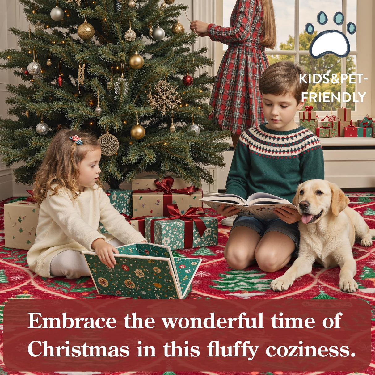 Lahome Christmas Living Room Rug, 5x7 Print Christmas Reindeer Rugs for Bedroom Aesthetic Large Washable Carpet, Soft Xmas Tree Stain Resistance Dining Room Carpets for Under Table (Red) Lahome