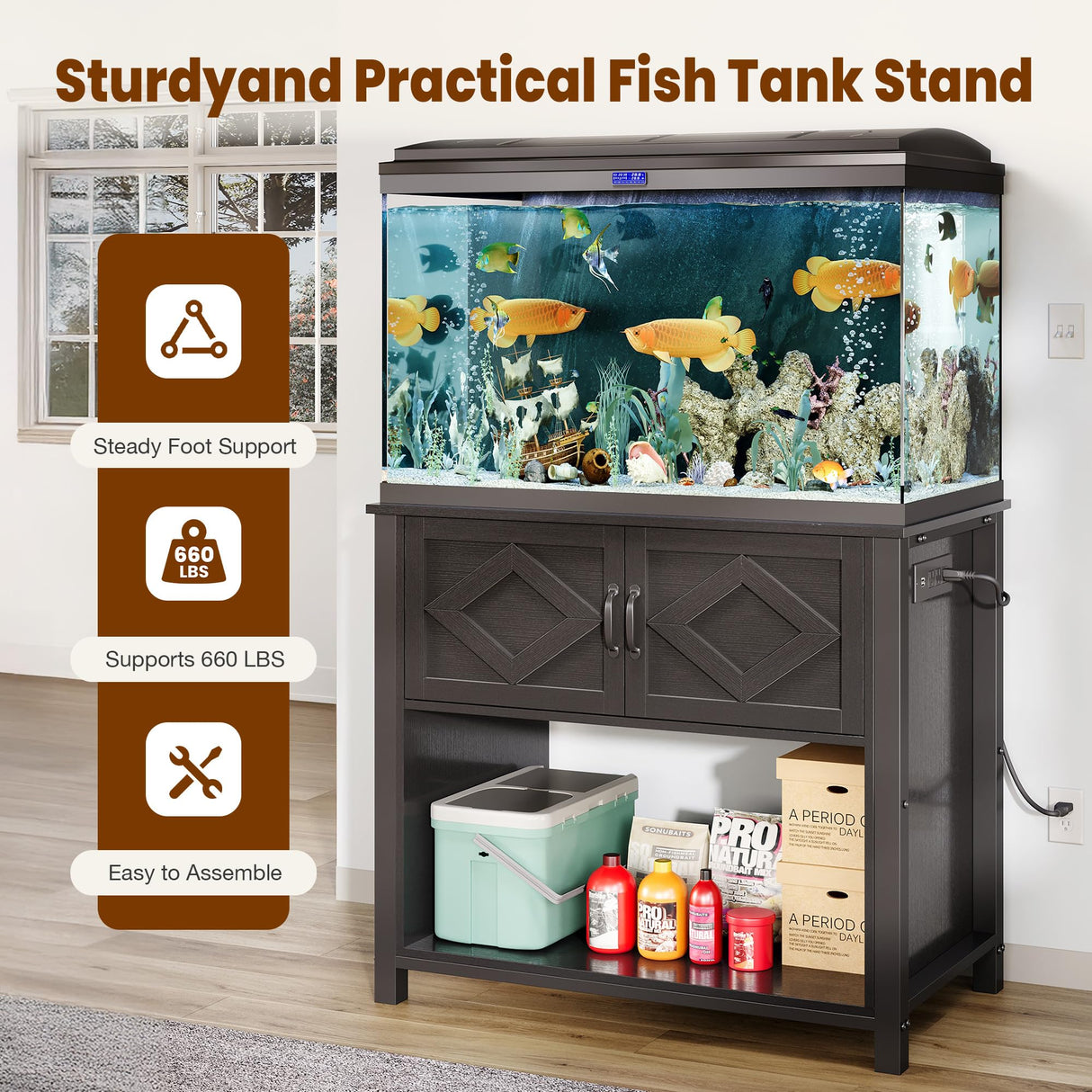 GRUSIGN 40-50 Gallon Fish Tank Stand with Power Outlets, Double Fish Tank Stand Table with Cabinet, 660LBS Capacity Heavy Duty Metal Aquarium Stand GRUSIGN