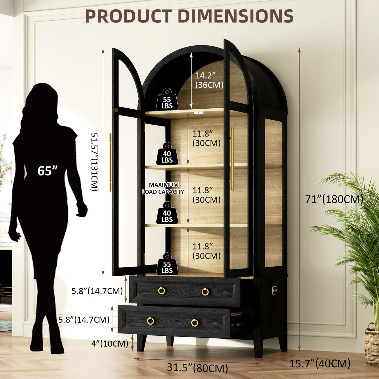 Vlsrka 71" Arched Curio Cabinet with Glass Doors, 4-Shelves Display Cabinet and 2 Drawers, Display Case with 3 Color Lights, Tall Bookcase, Kitchen Pantry, Black+Wood Vlsrka