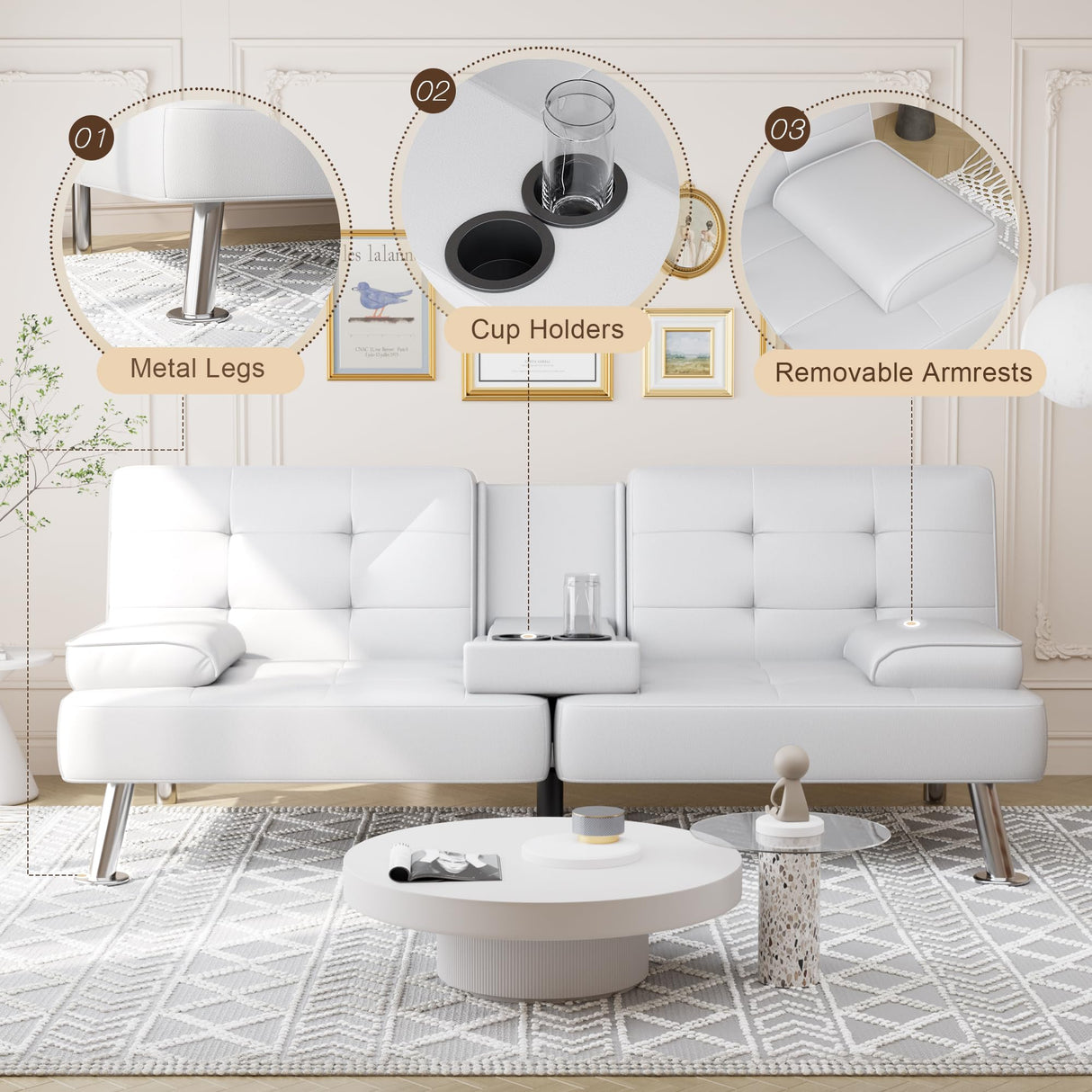 Shahoo Convertible Folding Futon Sofa Bed Sleeper Couch for Living Room Faux Leather Upholstered Loveseat w/Removable Armrests, Metal Legs, 2 Cup Holders, White Shahoo