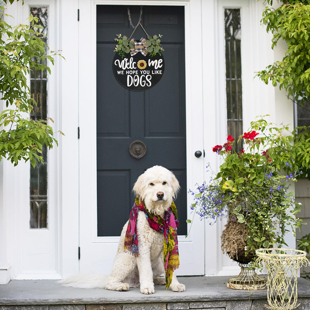 Interchangeable Wooden Seasonal Welcome Sign, Rustic Round Dogs Sign Front Door Wreaths for Home/Wall/Porch Decor, for Easter Spring Summer Fall Halloween Christmas All Season Decorations RoseCraft