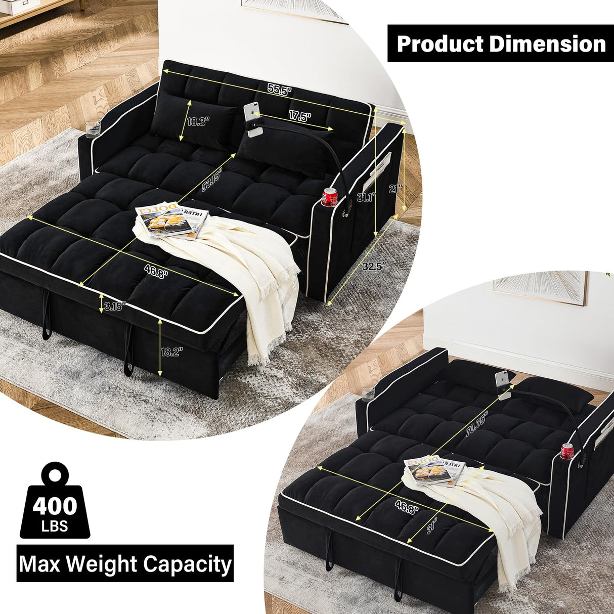 3 in 1 Sleeper Sofa Couch Bed,Velvet Convertible Loveseat Sleeper Sofa Bed,Pull Out Sofa Bed With USB Port & Ashtray and Swivel Phone Stand & Storage Pockets,Modern Sleeper Sofa for Living Room,Black WIIS' IDEA