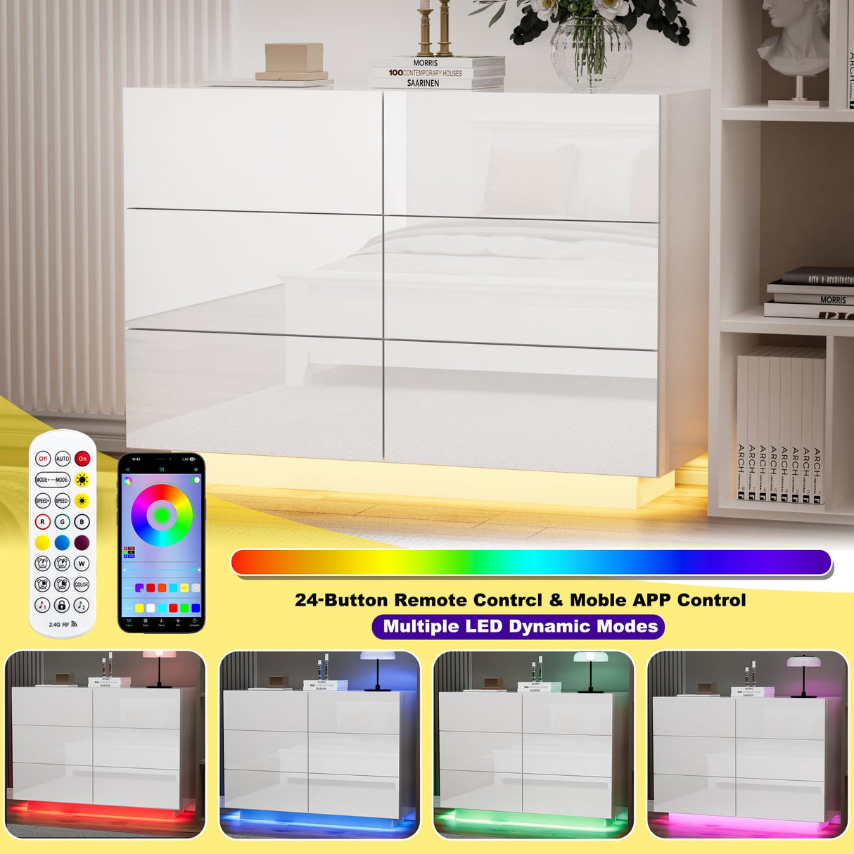 Anbuy White 6 Drawer Double Dresser with LED Light, Modern Dresser with High Gloss Drawers Dual Chest of Drawers Black Dresser for Bedroom with Lights (White) Anbuy