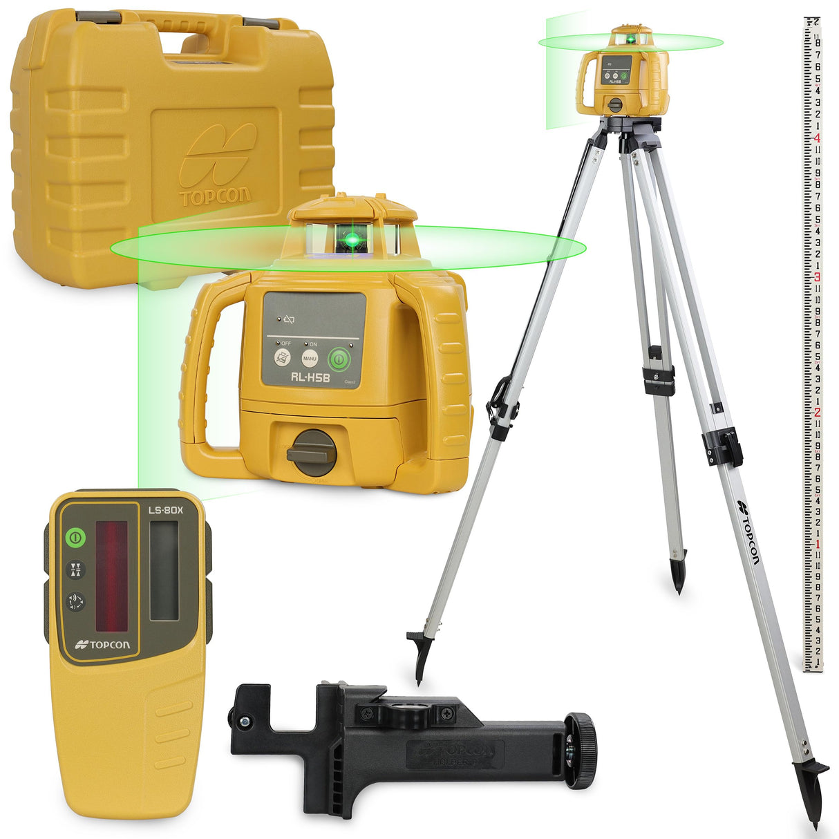Topcon RL-H5B Laser Transit Leveler Kit - LS-80X Rotary Laser Receiver with Rod Bracket - 36-60in Precision Level 360 Laser Tripod - 13ft Fiber Rod Level Tool with Inch Increments for Construction TOPCON