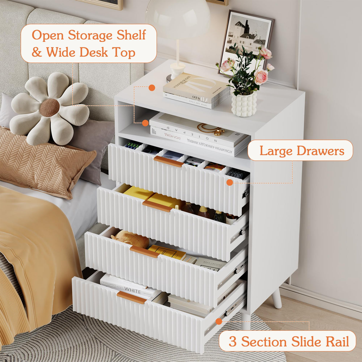 Apeaka 4 Drawer Dresser with LED Light, Wood White Dresser for Bedroom Modern Chest of Drawers 38" Tall Nightstand Bedside Table with Shelf Apeaka