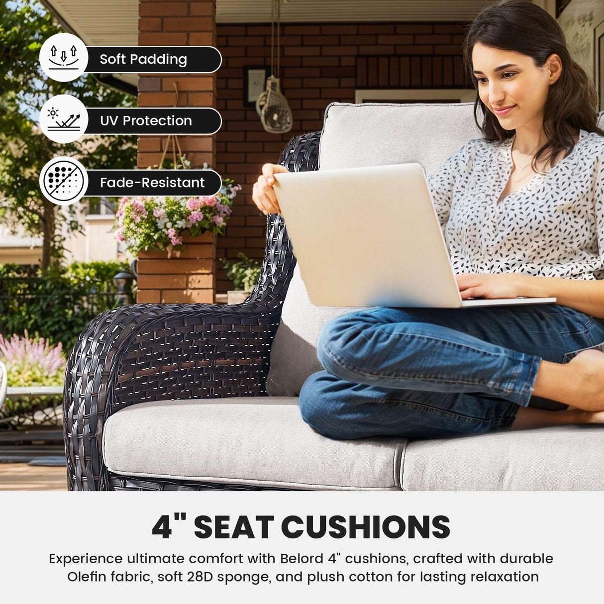 Belord Outdoor Furniture 3-Seater Rattan Sofa Patio Wicker Sofa Couch Furniture Set with Washable Cushions Belord