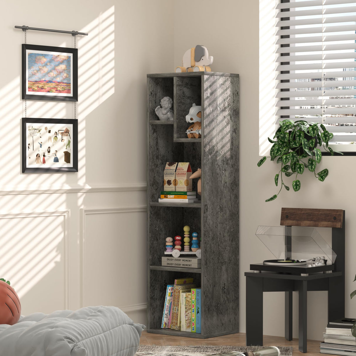 VECELO 4-Tier Bookcase, Modern Storage Cabinet with Height Difference Shelves for Standard Textbooks, 5 Cubes, Vertical or Horizontal, Easy Assembly, Grey VECELO