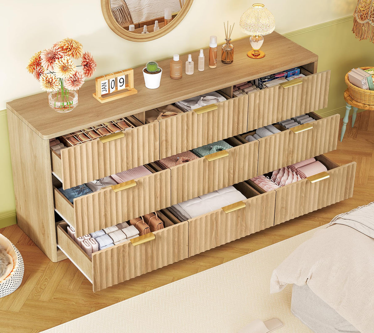 TEENFON Fluted Dresser for Bedroom with 9 Drawers, 63" Wide Modern Chest of Drawers with Metal Handle & Curved Profile Design, Wood Closet Clothes Storage Organizer for Living Room, Hallway, Natural TEENFON