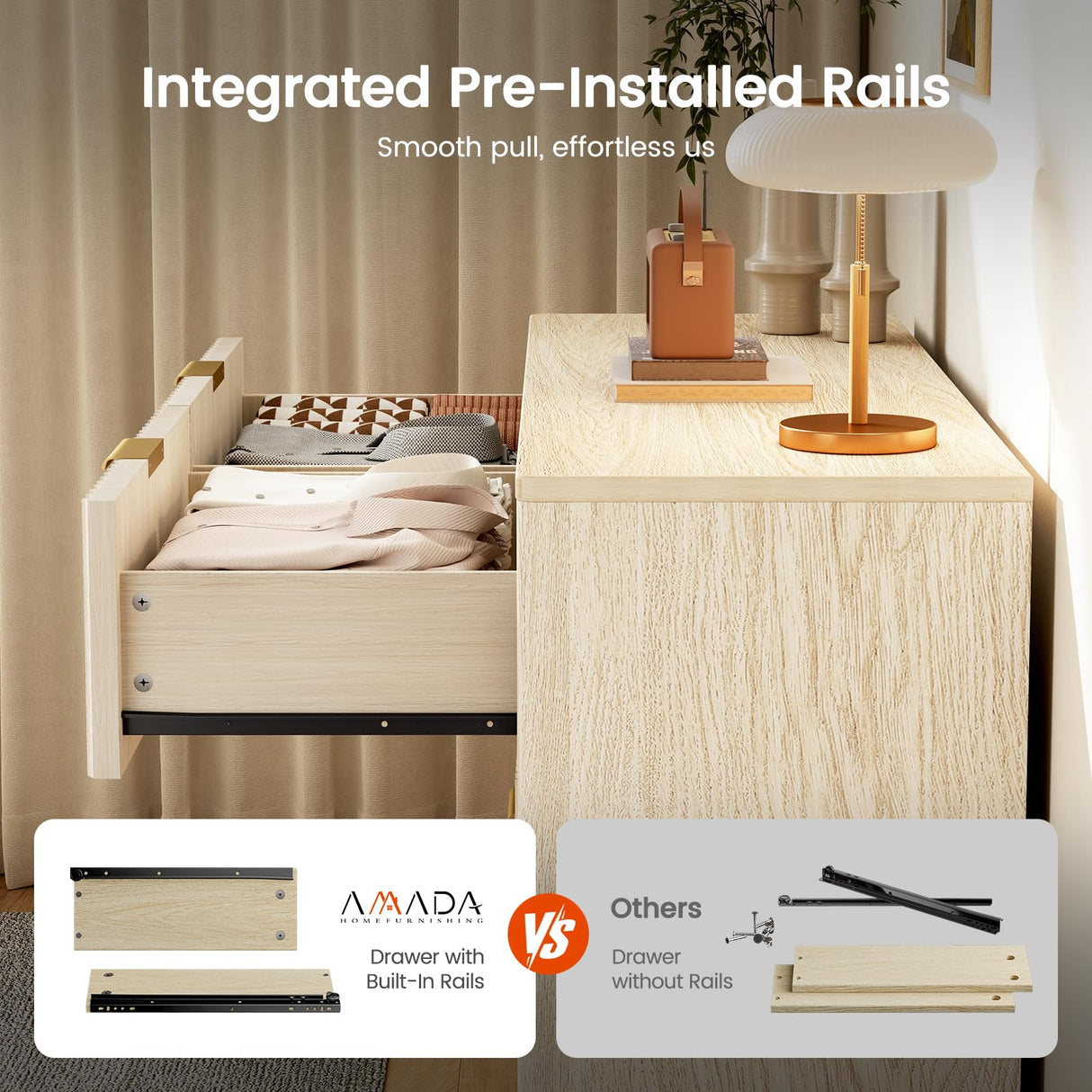 Amada Modern 6 Drawer Dresser, Fluted Wood Chest of Drawers with Rounded Corners, Pre-Installed Drawer Slides, Dresser TV Stand and Storage Organizer for Bedroom, Hallway, Natural Oak AMADA HOMEFURNISHING