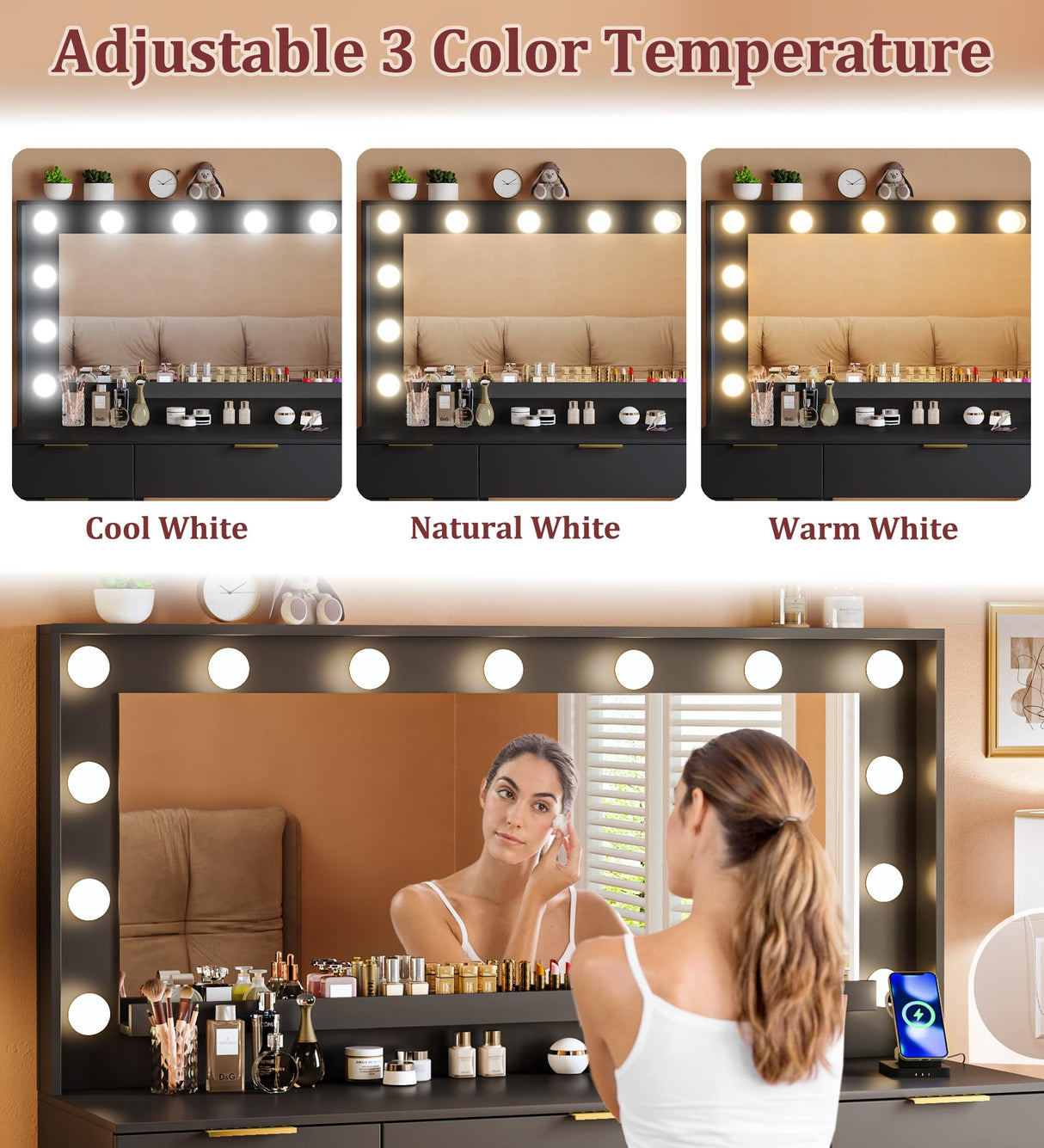 ALEXNUTRE Vanity Desk with Large Mirror and Lights, 45.3in Makeup Vanity with Power Outlet 9 Drawers & Storage, 3 Lighting Color Adjustable, Black Vanity Desk for Bedroom ALEXNUTRE