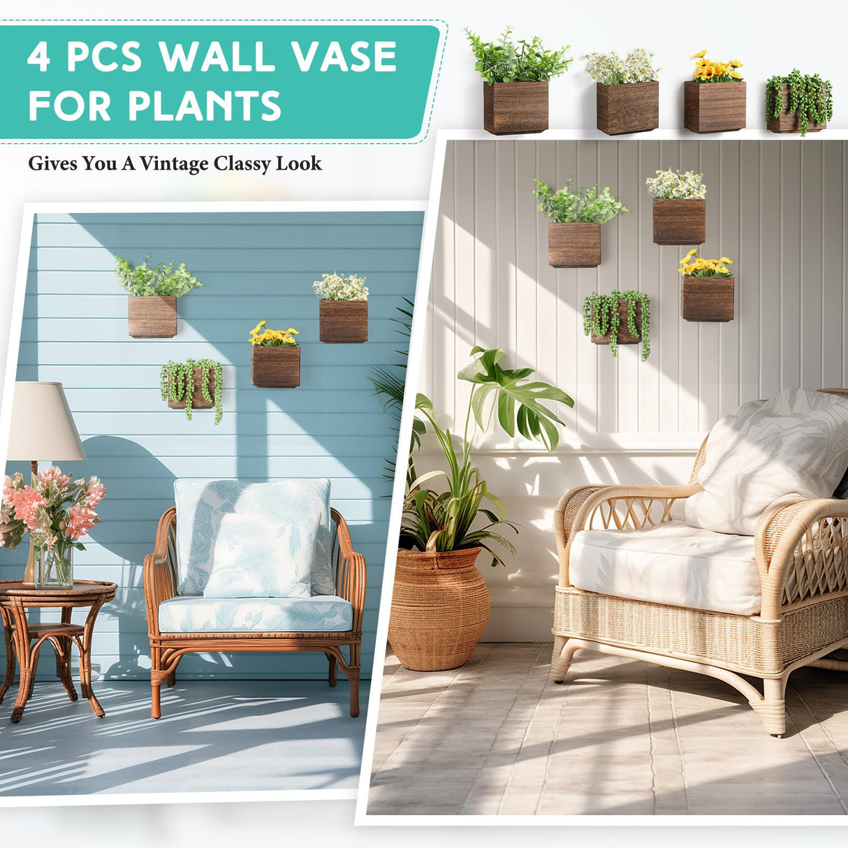 Qinyoung 4 Pack Wood Wall Planters Natural Hanging Plant Pots Plant Holder Natural Farmhouse Wall Hanging Decor Vase for Plants Indoor Artificial Plants Propagation Wall Planters Qinyoung