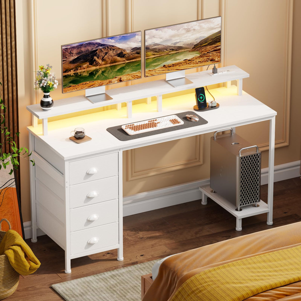 Furologee Computer Desk with 4 Fabric Drawers, 47in Gaming Desk with Power Outlets and LED Lights, Home Office Desk with Full Monitor Stand and Shelf, Study Writing Desk for Bedroom, White Furologee