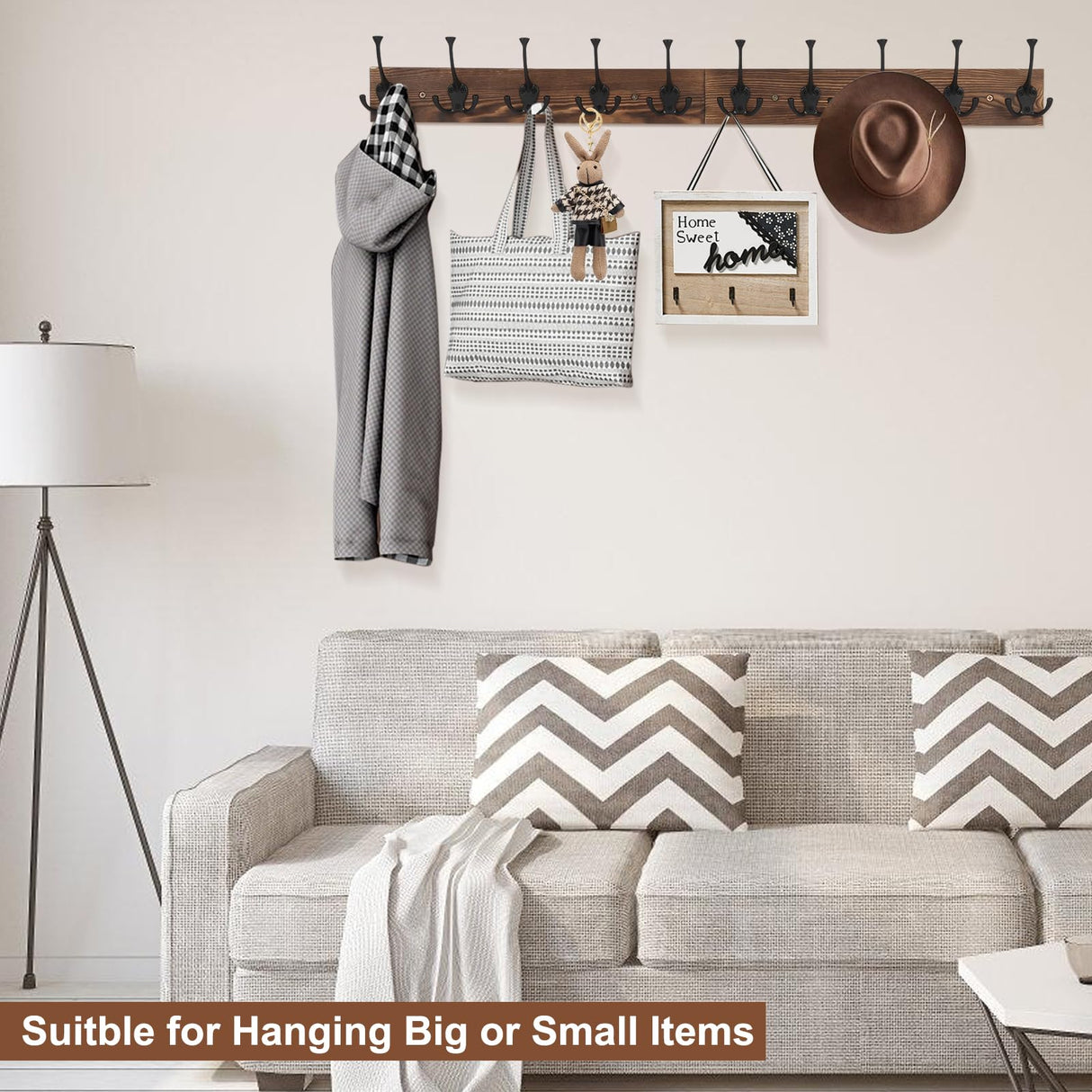 Gohiuo Rustic 34" Large Coat Rack Wall Mount, Long Wood Coat Hooks with 10 Triple Hooks, Heavy Duty Wooden Coat Hanger Wall Mount for Entryway, Farmhouse Hanging Jackets, Coats, Hats, Bags,Towel Gohiuo