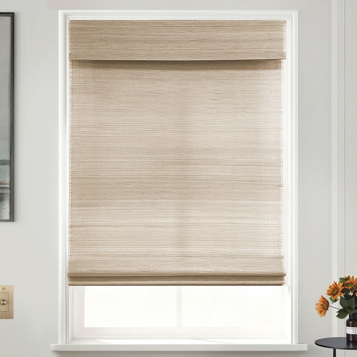 MOOD Custom Bamboo Shades | Woven | Cordless Bamboo Roman Shades for Windows and Doors (Natural Woven) | Woven Hickory Wood (Sheer) | 31" W x 60" H Mood