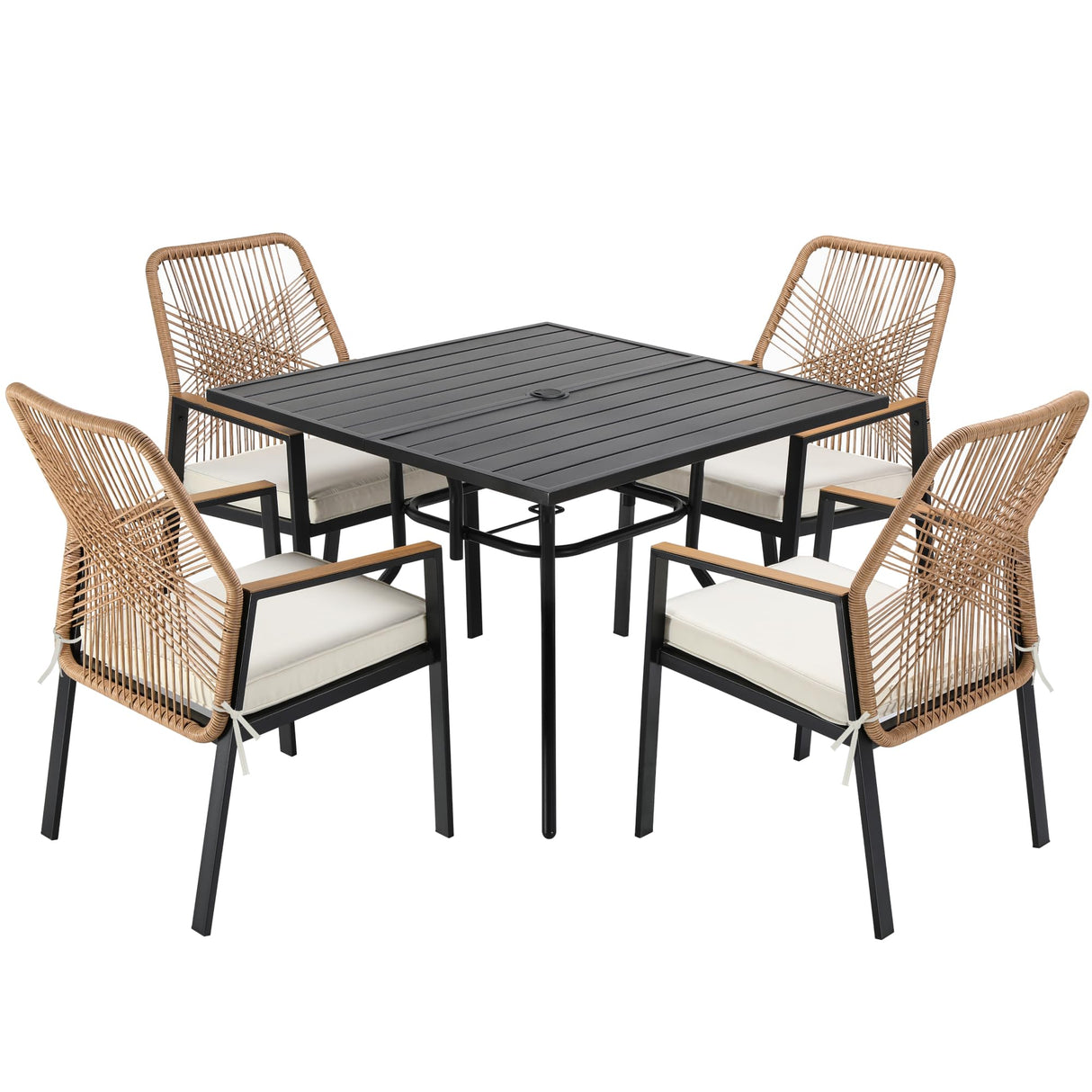 SUNCOZE Outdoor Patio Dining Set, 5 Pieces Rattan Patio Table and Chairs Set with Cushion and Umbrella Hole, Wicker Outdoor Patio Furniture Sets of 4 for Backyard and Porch, Beige SUNCOZE