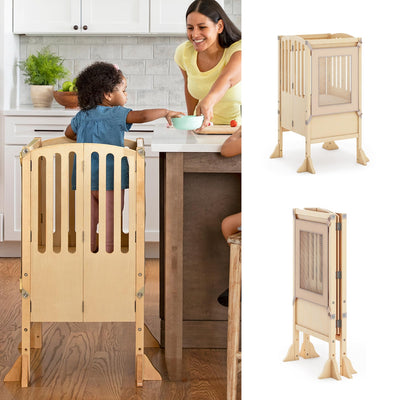 Guidecraft Kitchen Helper® Toddler Tower Step Stool - Contemporary - Natural: Folding Adjustable Height Montessori Wooden Learning Furniture with Keepers