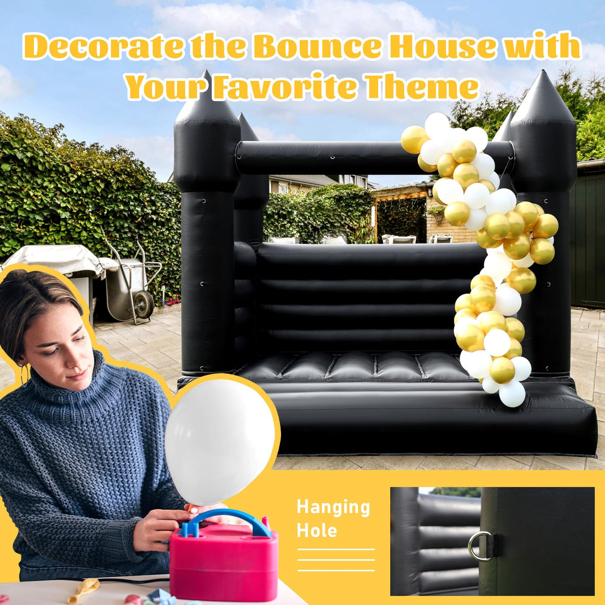 Black Inflatable Bounce House for Outdoor Halloween Decoration Party Backyard Wedding, PVC Halloween Inflatable Bounce House Castle for Kids with Blower(13FT*11.5FT*10FT) Inflantteble