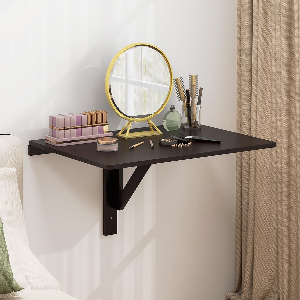 Giantex Wall Mounted Folding Table, 31.5" x 23.5" Wood Murphy Desk Drop-Leaf Table, Space Saving Foldable Floating Desk, Wall Desk Fold Down for Small Spaces, Study, Bedroom, Bathroom (Brown) Giantex