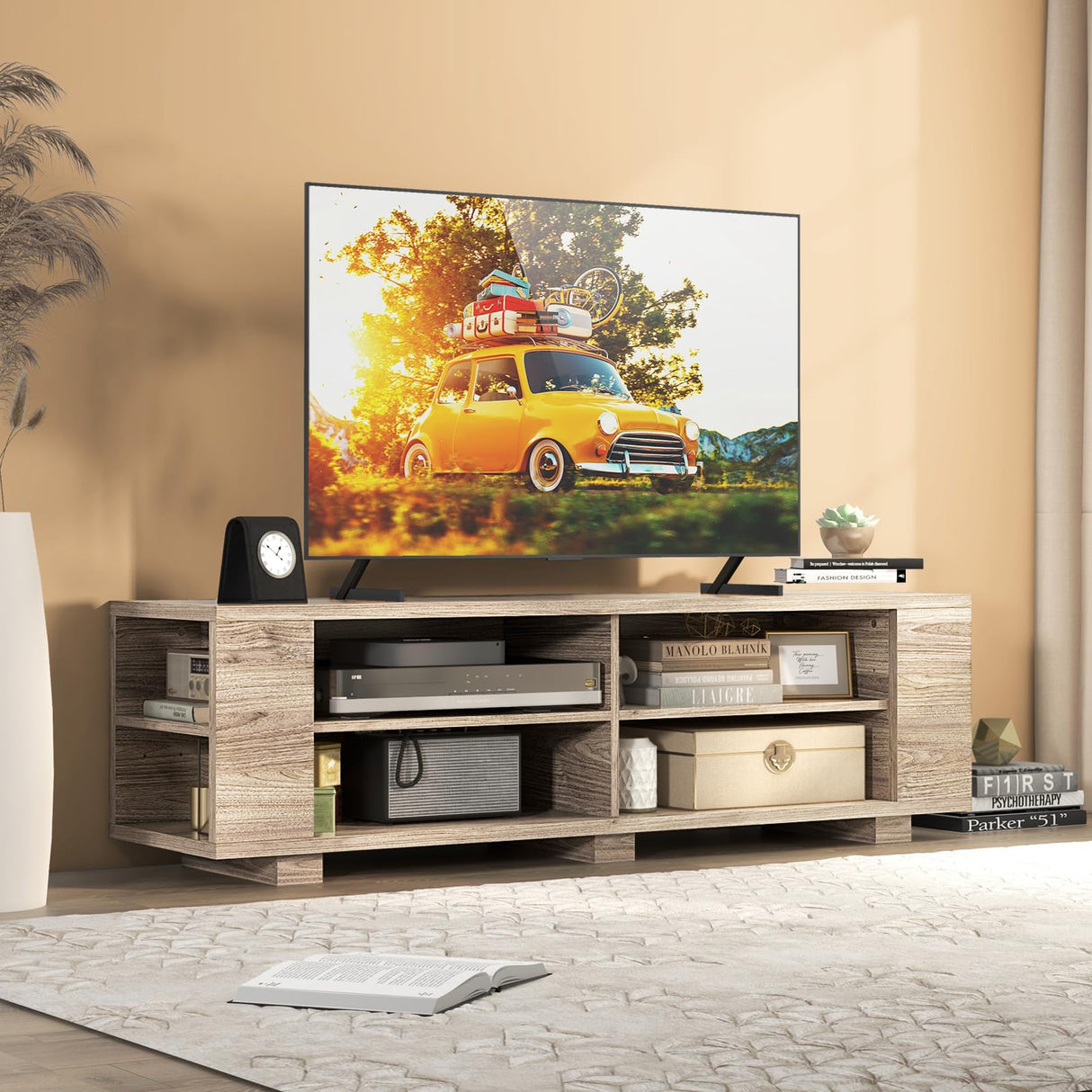 Tangkula Wood TV Stand for TVs up to 65 Inch Flat Screen, Modern Entertainment Center with 8 Open Shelves, Universal TV Storage Cabinet for Living Room Bedroom, TV Console Table (Warm-Grey) Tangkula