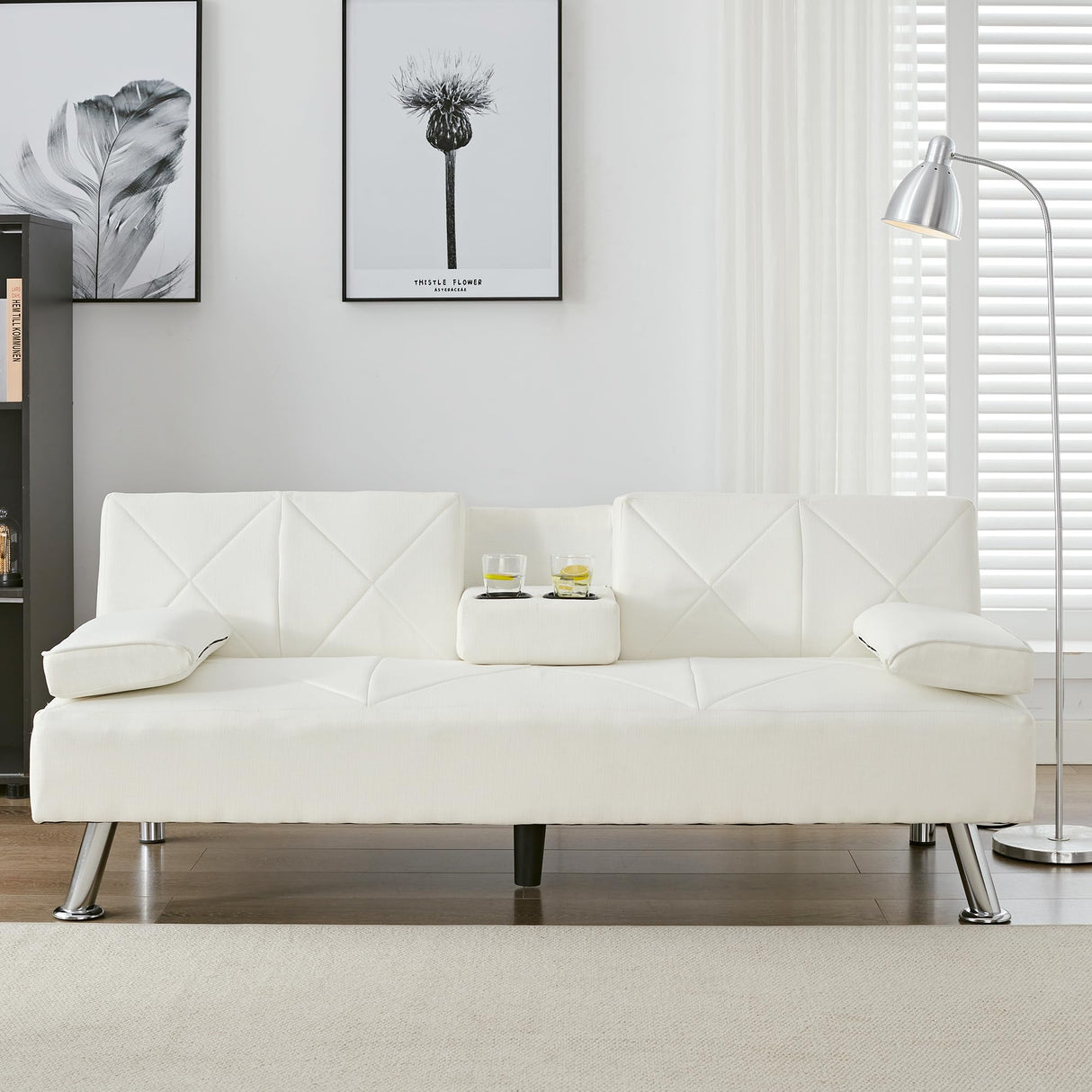 VECELO Modern Convertible Folding Futon Sofa Bed with Removable Armrests Breathable Linen Recliner Couch for Living Room/Apartment Lounge, 2 Cup Holders, White VECELO