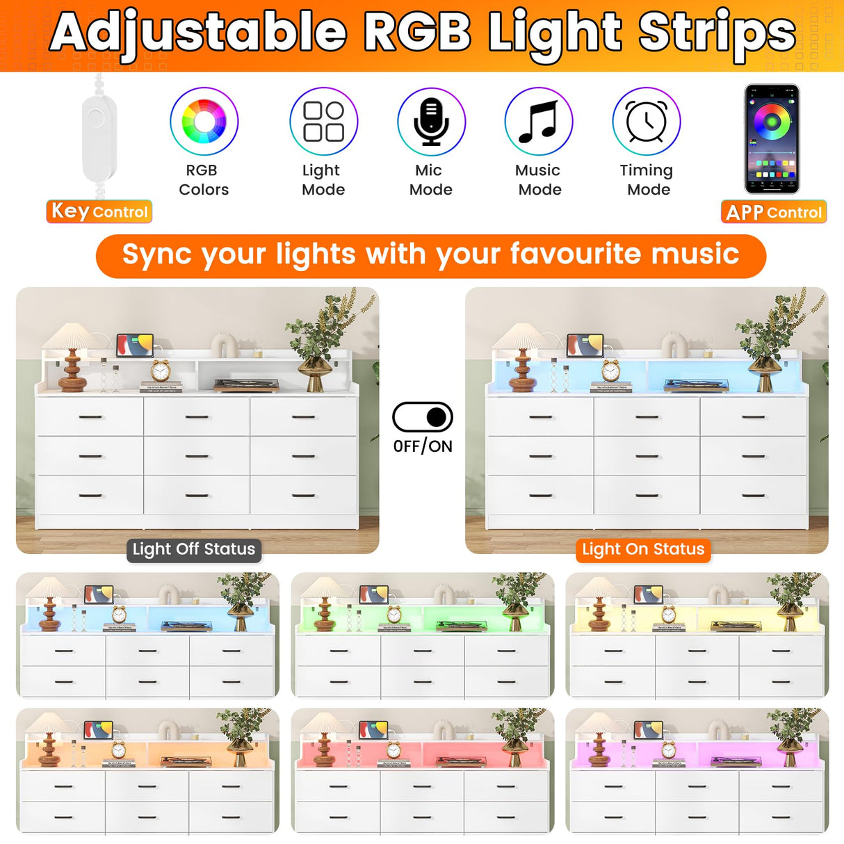 Bigbiglife 9 Drawer Dresser with Built in Power Outlet and LED Light, Modern Chest of Drawers for Bedroom, Triple Wide Drawer Organizer Cabinet for Living Room, Entryway, Hallway, Antique White Bigbiglife