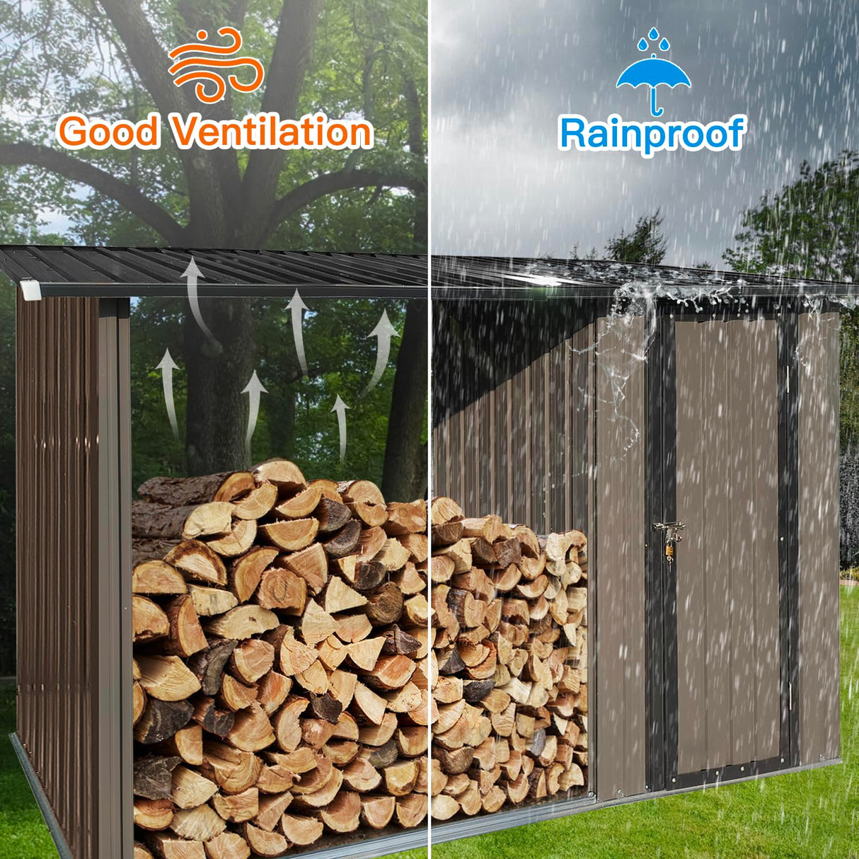 YOPTO Firewood Rack Outdoor Metal Storage Shed,Two-in-one Function with Sloped Roof and Open Woodshed Design,Tall Door w/a Latch,Waterproof Building Organizer,for Motorcycle,Bicycles,Black+Brown YOPTO
