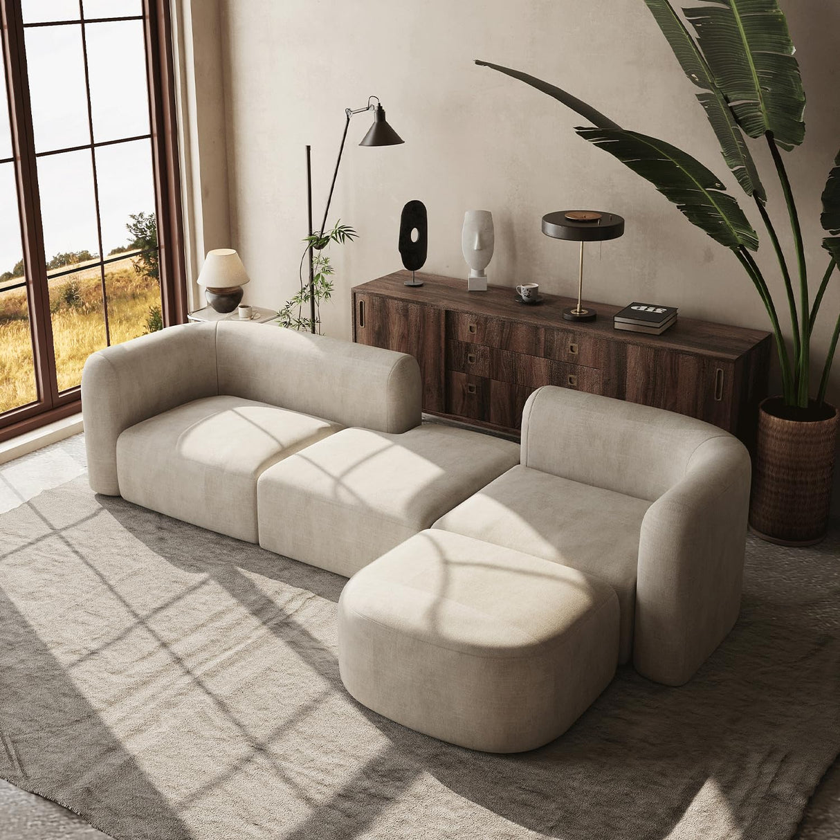 Acanva Luxury Modern Tight Curved Back Velvet Sofa, Minimalist Style Comfy Couch for Living Room Apartment, 4 Seater Modular Sectional, Cream Acanva