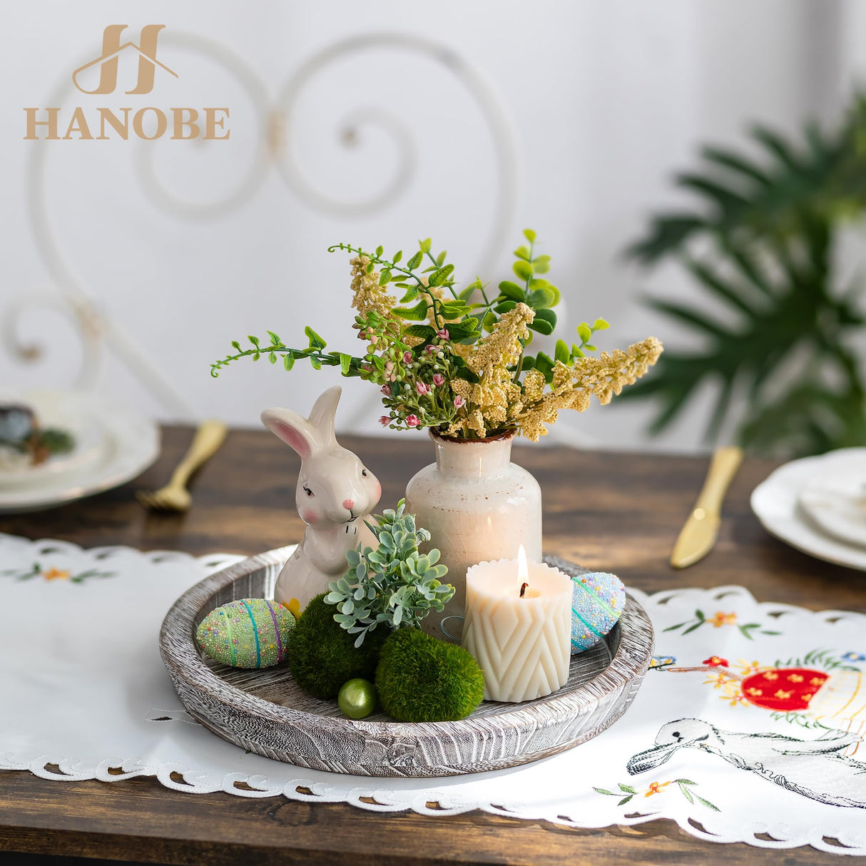 Hanobe Whitewash Wooden Round Serving Tray - Farmhouse Decor for Coffee Table, Kitchen Counter Hanobe