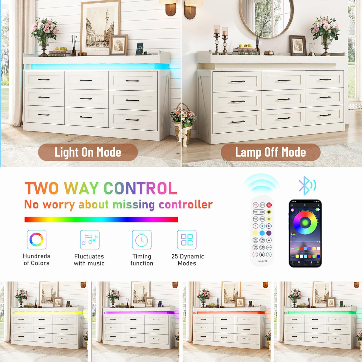 Hlivelood Large Farmhouse 9 Drawers Dresser for Bedroom with LED Light and Power Outlets,63" Wide Wood Rustic 9 Chests of Drawers for Closet,Tall Storage Dresser Organizer for Bedroom(Antique White) Hlivelood