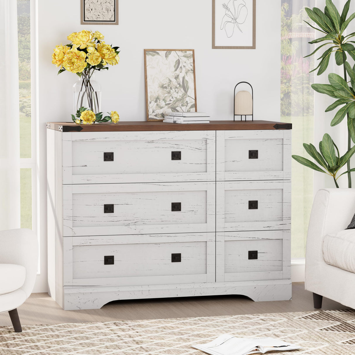 Royal Windsor Farmhouse 6 Drawer Dresser for Bedroom, Chest of Drawers Dresser for Closet, Clothes Organizers and Storage with Spacious Tabletop, Wooden Dressers for Living Room, White Royal Windsor