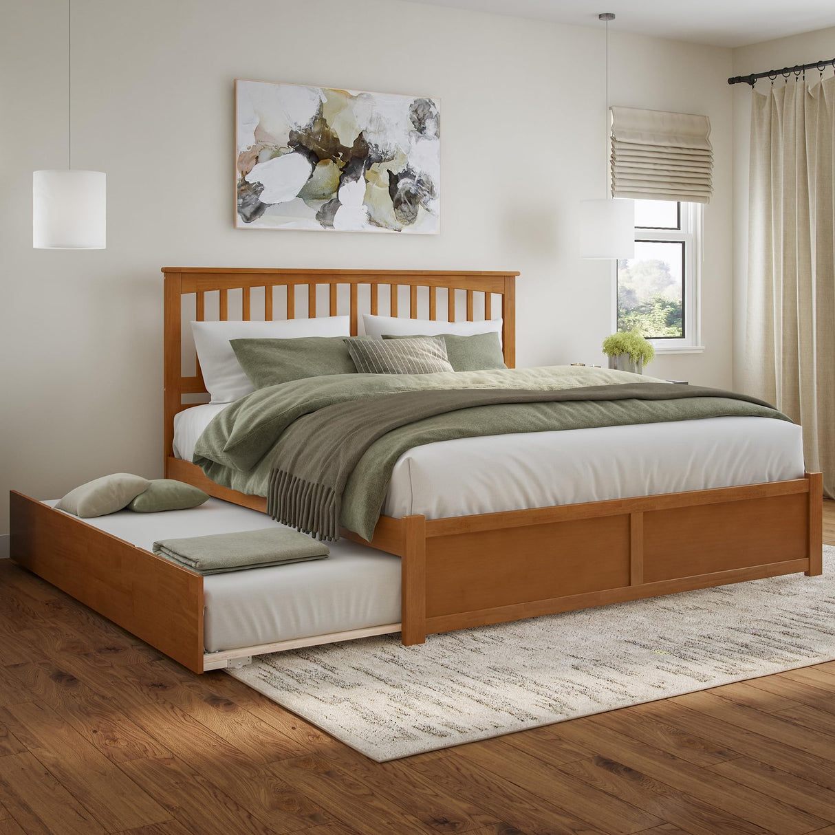 AFI Mission King Solid Wood Platform Bed with Footboard & Twin XL Trundle in Light Toffee AFI