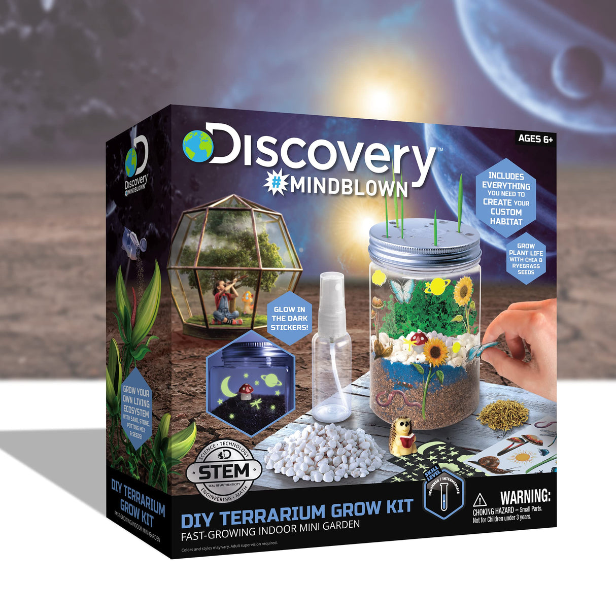 Discovery #MINDBLOWN DIY Terrarium Grow Kit, Fast-Growing Indoor Mini Garden, Create A Living Ecosystem, Includes Sand, Seeds, Potting Mix, Stones and More Discovery Kids