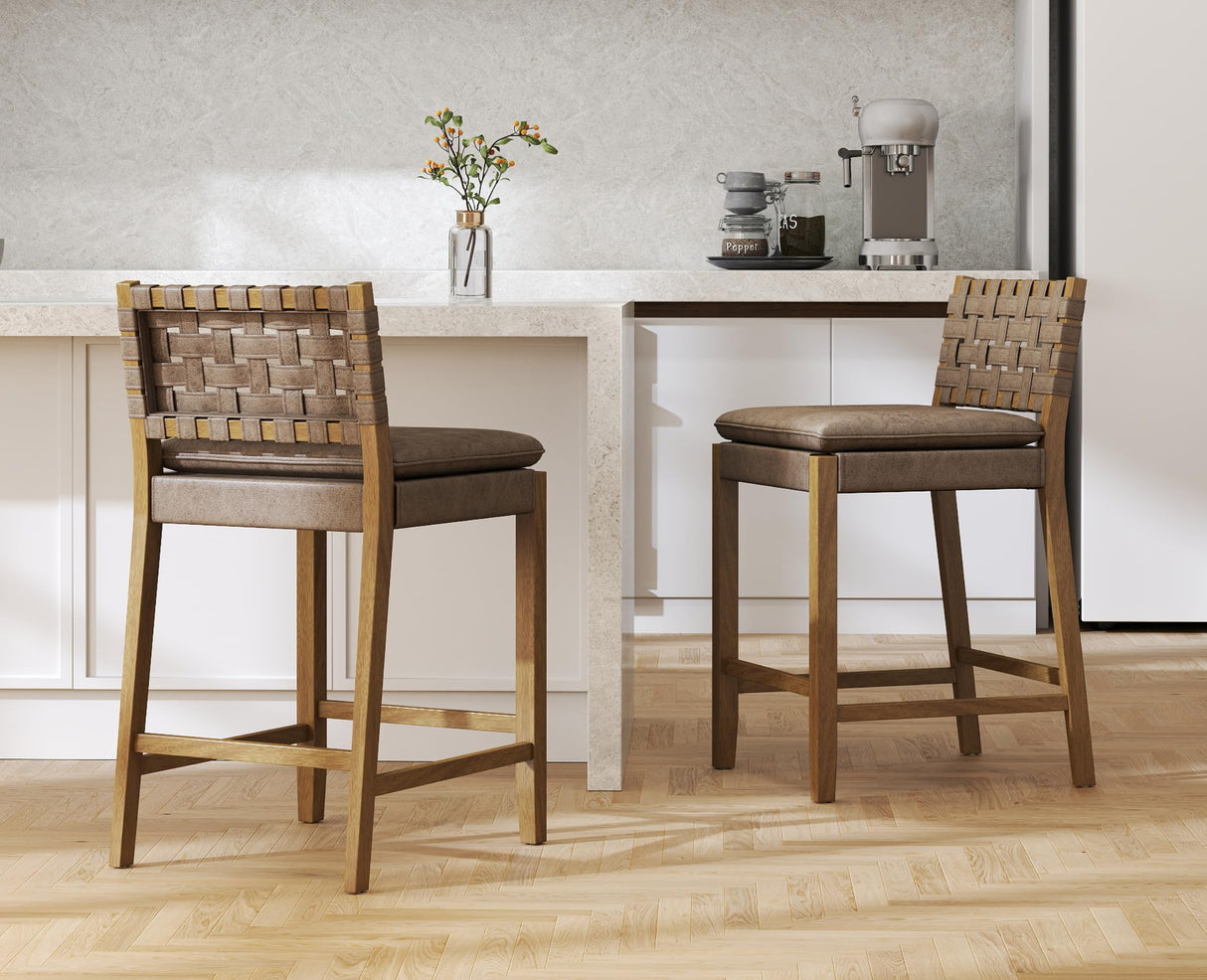 EALSON Mid Century Rattan Bar Stools Set of 4 Modern Farmhouse Barstools with Leather Woven Backs 26 Inch Wooden Counter Stool Breakfast Upholstered Bar Chairs for Kitchen Island, Brown EALSON