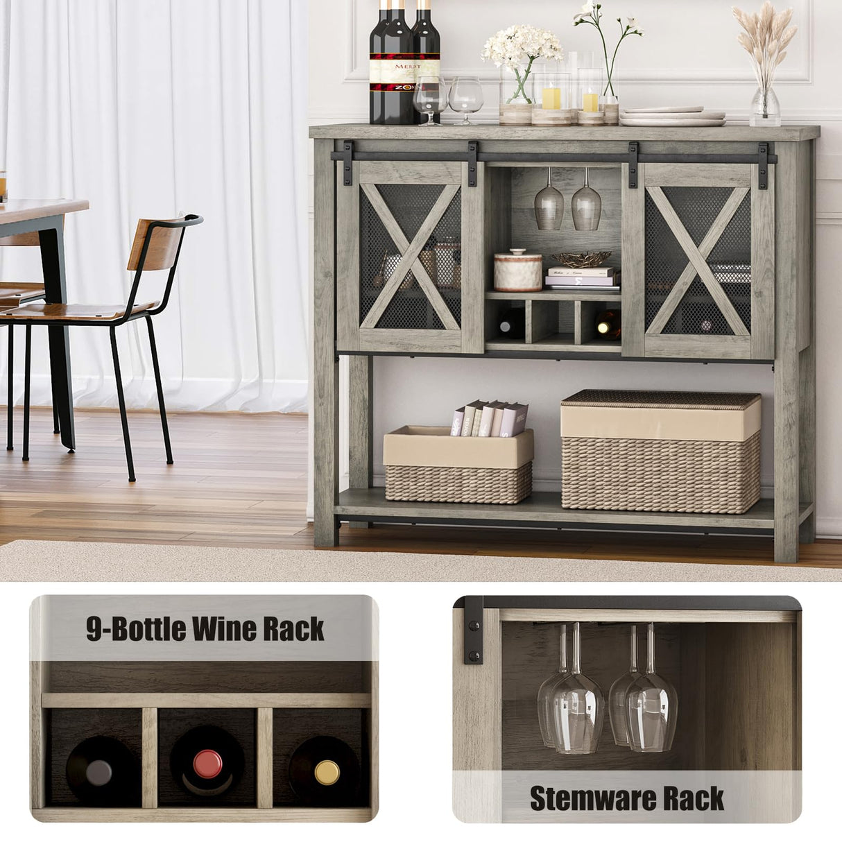 IDEALHOUSE Coffee Bar Cabinet, Sideboard Buffet Storage Cabinet with Storage, Farmhouse Wine Bar Cabinet with Wine Glass Rack, Liquor Cabinet Bar for Home, Kitchen, Dining, Living Room, Grey IDEALHOUSE