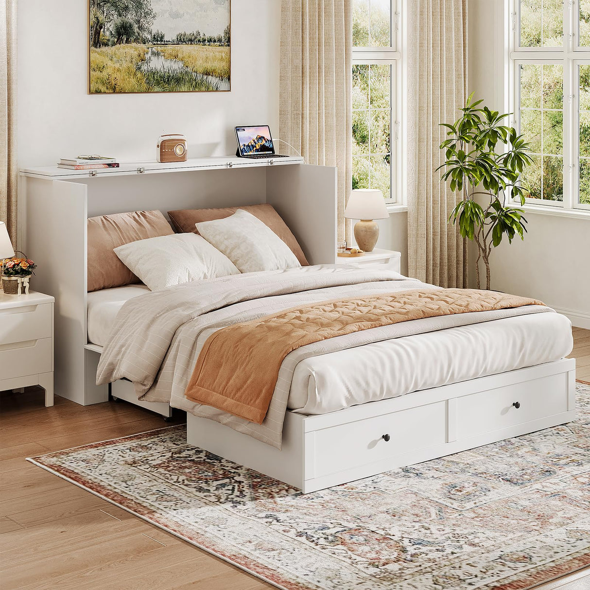 LIVAUVEAD Queen Murphy Bed with Storage & Charging Station, Murphy Cabinet with Foldable Panel, Noisy Free, for Guest Bedroom, Living Room, Office, Distressed White LIVAUVEAD