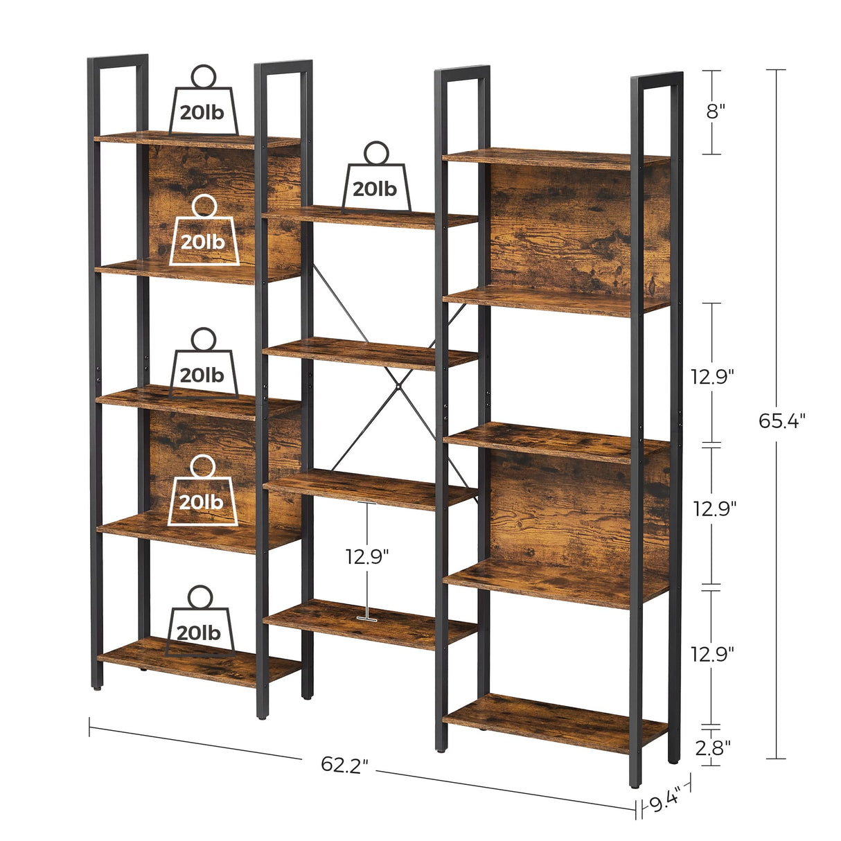 VASAGLE Industrial 5-Tier Bookcase with 14 Shelves in Rustic Brown and Black VASAGLE
