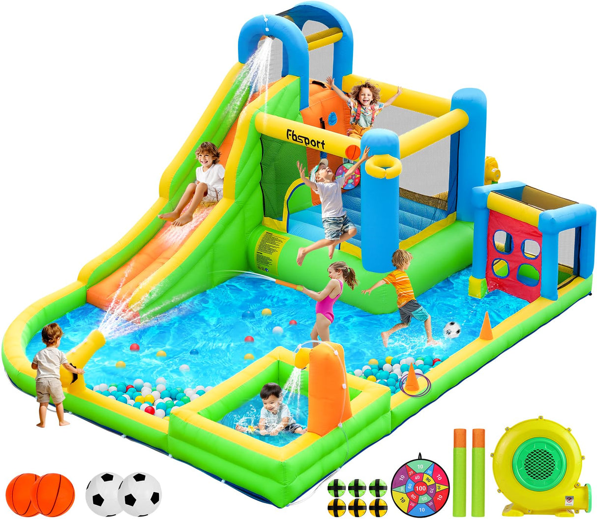 FBSPORT Inflatable Bounce House, 9 in 1 Water Slide with Blower, Bouncy House for Kids Indoor Outdoor Wet Dry Combo Water Bounce House with Football Shooting, Water Gun, Splash Pool, Bounce Area, Hose FBSPORT