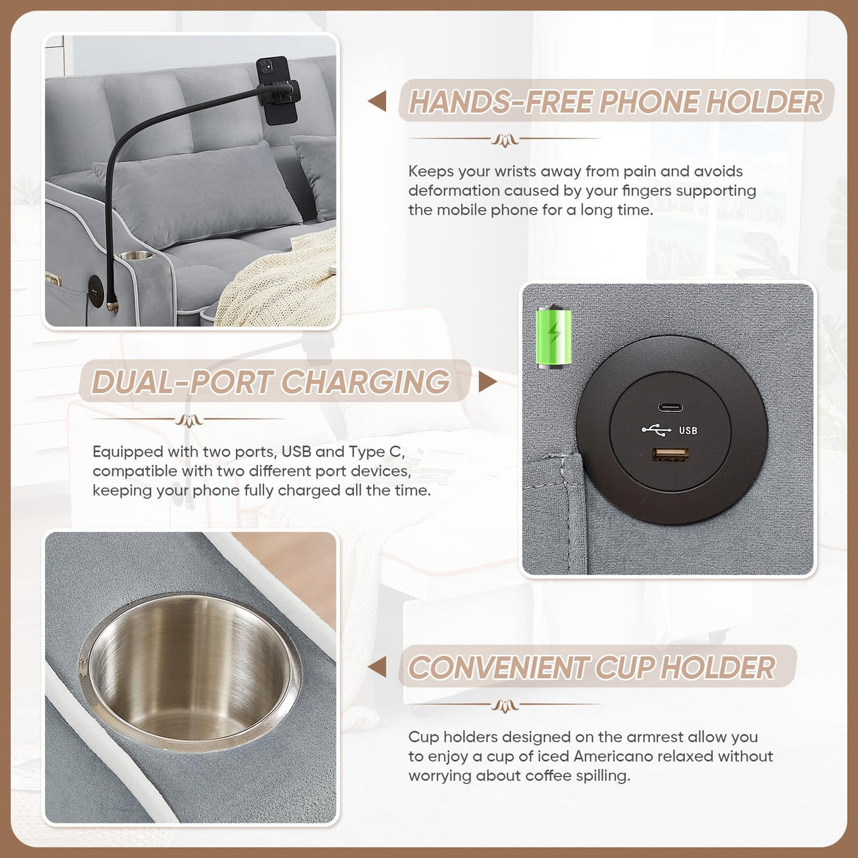 Sleeper Sofa Couch Bed with USB & Type C Port, Modern 3-in-1 Convertible Velvet Pull Out Loveseat Futon Sofa w/Phone Holder/Cup Holder for Living Room Apartment, Adjustable Backrest, Light Grey Antetek