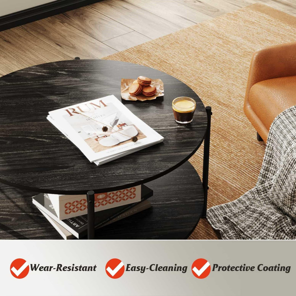 WLIVE Round Coffee Table for Living Room, 32.6" Small Coffee Table with Open Storage Shelf, 2-Tier Industrial Circle Wood Center Table for Bedroom, Home Office, Charcoal Black WLIVE