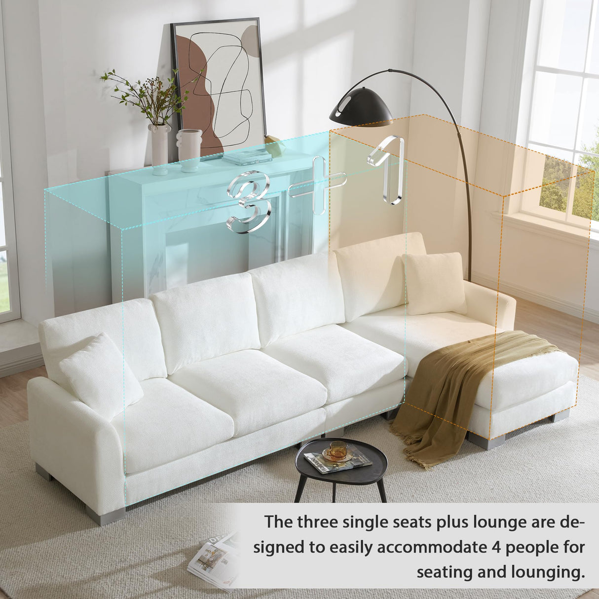 Acosure 119" Modern Oversized Sectional Sofa with Chaise Lounge,L-Shaped Luxury Couch Set W/ 2 Free Pillows,Line Design,5-seat Chenille Indoor Furniture for Living Room,Apartment,Office,White Acosure