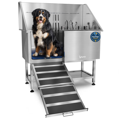 KANIS Professional Dog Washing Station - 304 Stainless Steel Pet Wash Sink & Grooming Bathtub w/Shower, Floor Grates and Storage for Large, Medium & Small Pets (50", Shelf - Left Ramp)