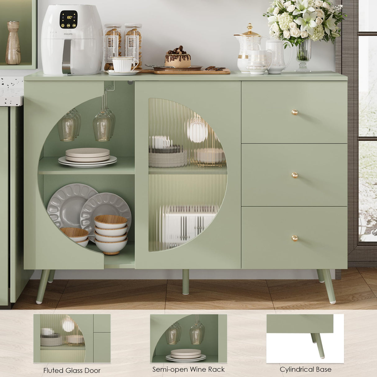 FACBOTALL Coffee Bar Cabinet with Fluted Glass Door, Modern Cream Style Buffets & Sideboards with Wine Glass Rack, Buffet Cabinet with Storage for Dining Room, Living Room, Green FACBOTALL