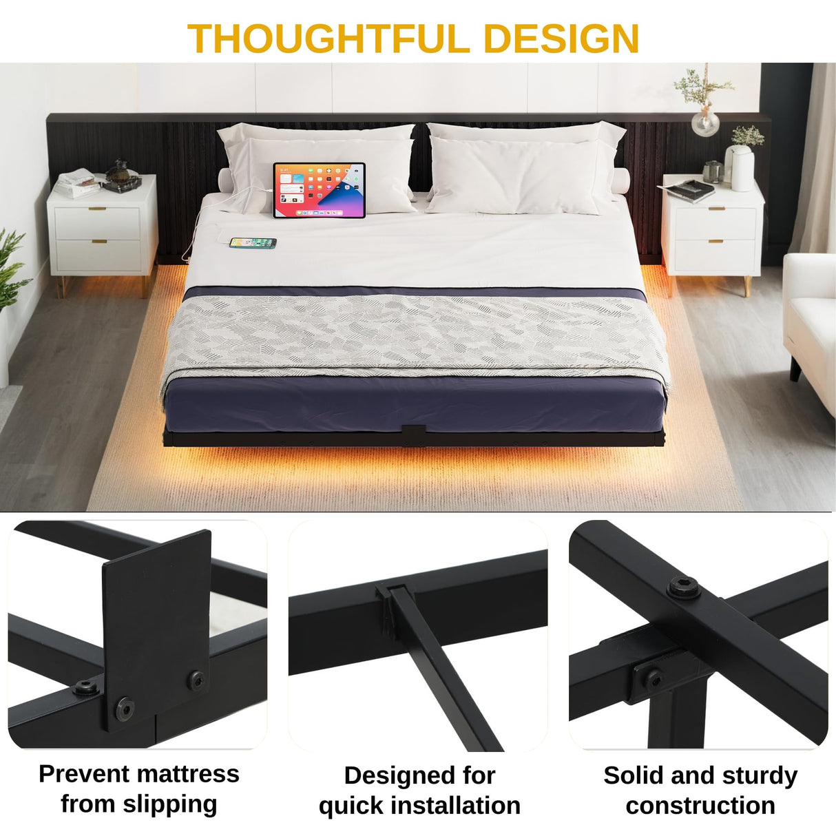DWVO Queen Size Floating Bed Frame, LED Bed Frame with USB Port, Queen Metal Platform Bed with Heavy Duty Steel Slats, No Box Spring Needed, Easy Assembly, Black DWVO