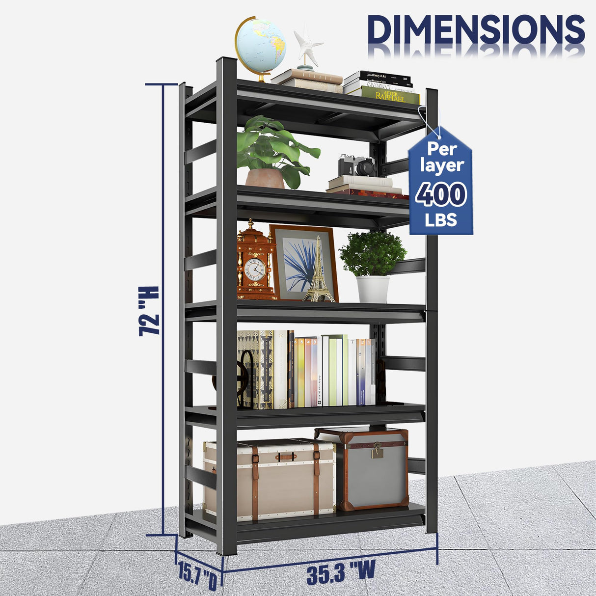 Book Shelf, 5 Tier Metal Wide Bookshelves, Adjustable Modern Book Shelves, Narrow Book Shelving for Small Spaces, Tall Decorative Bookshelf for Home Office/Living Room/Library (35.4"W*15.8"D*72"H) Notmise
