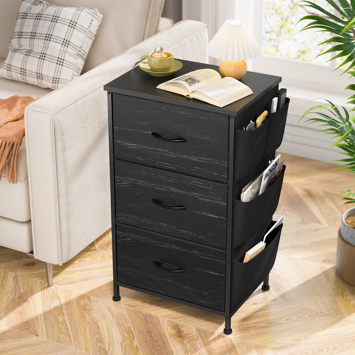 EnHomee Nightstand Set of 2, Night Stand with 3 Drawers for Bedroom, Bedside Table with Wooden Top, Sturdy Steel Frame End Table, Small Dresser for Bedroom, Living Room, Black EnHomee