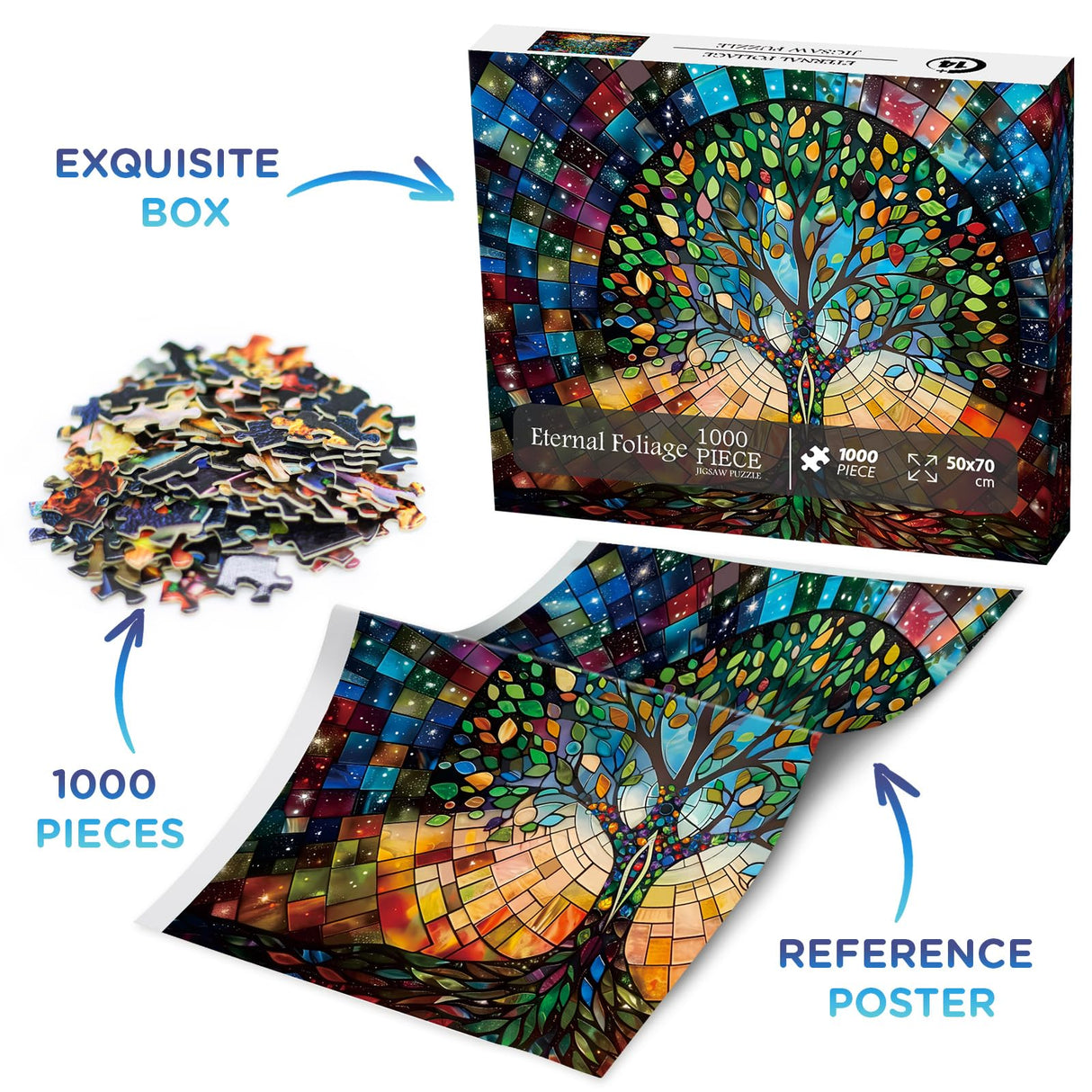 Stained Glass Tree of Life Puzzle 1000 Piece for Adults, Fantasy Galaxy Jigsaw Puzzles Art, Colorful Nature Leaf Puzzle BBOLDIN